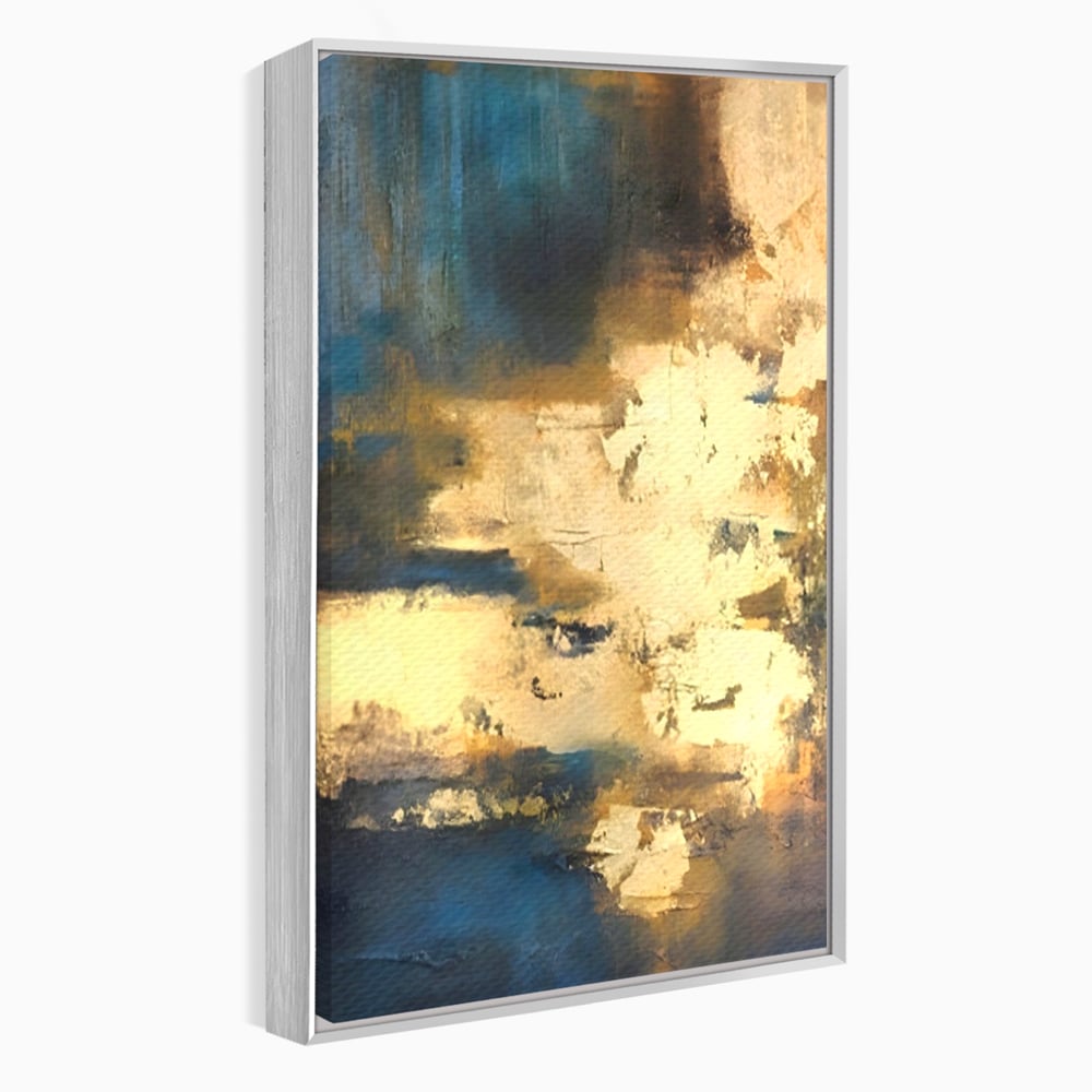Tablou canvas cu pictura abstracta cu texturi aurii, in rama de aluminiu argintiu